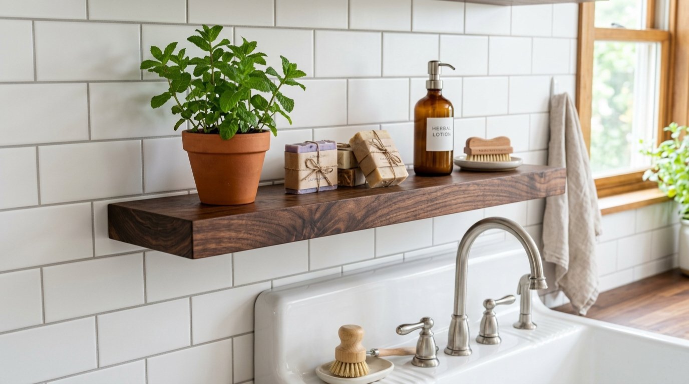 Potted mint, artisanal soap bars, and lotion on a dark wood shelf above a farmhouse sink.