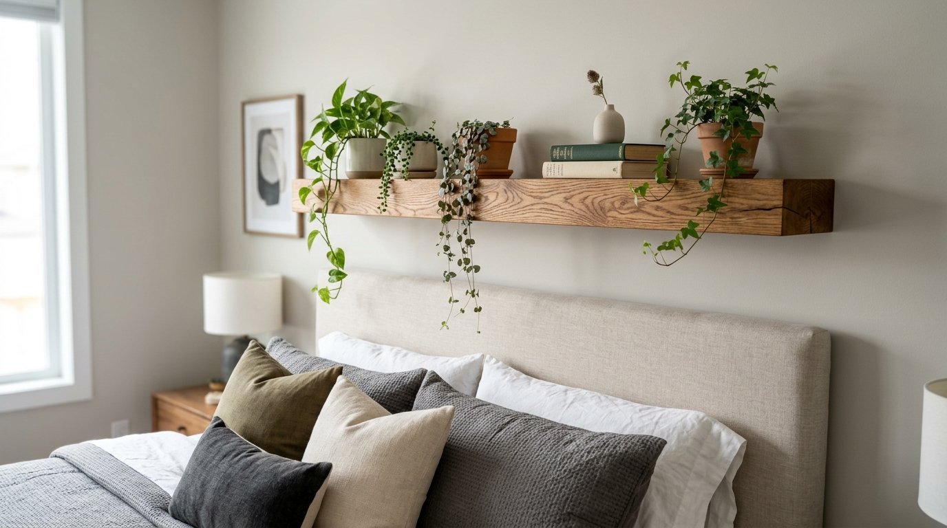 A beige headboard sits beneath a thick wood shelf adorned with several potted plants and two vintage books.