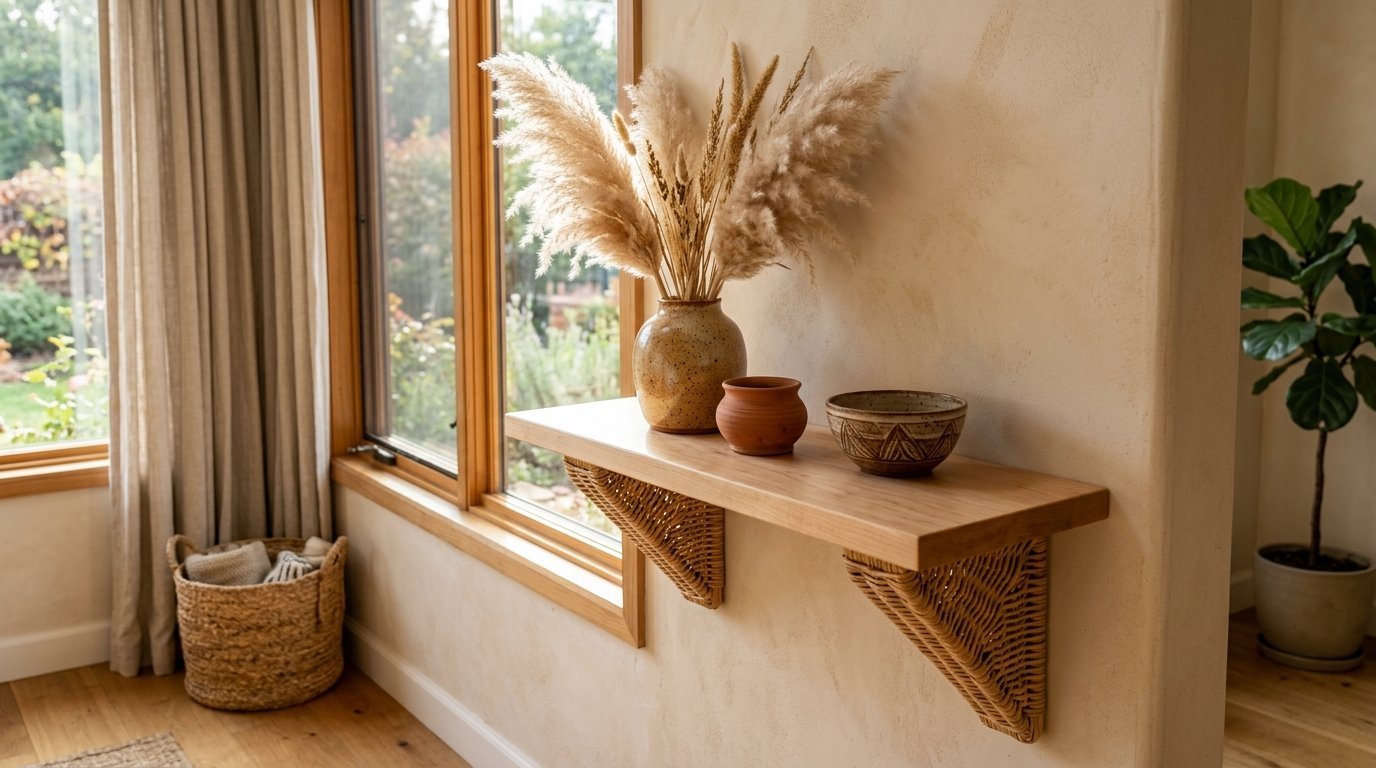 A natural wood shelf with rattan braces displays a speckled ceramic vase with dried pampas grass and two small bowls.