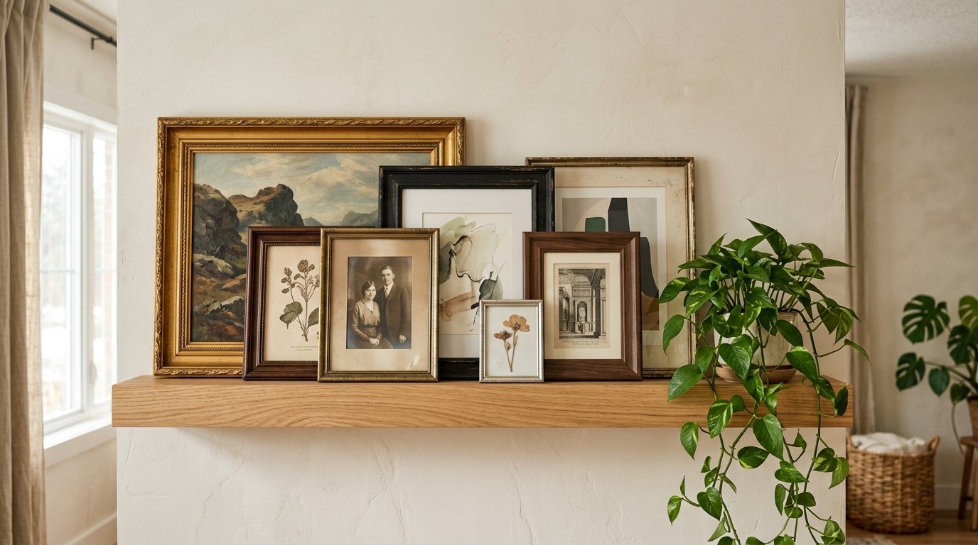 Decorative wood shelf displaying varied art prints, family photos, and a trailing green houseplant.
