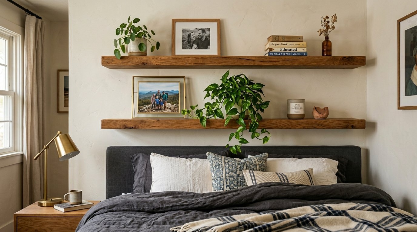 A bedroom wall featuring two wood shelves decorated with houseplants, stacked books, and family photos over a bed.