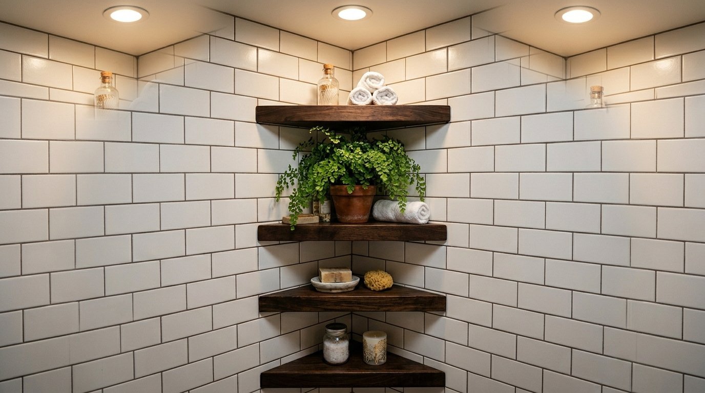 Four stacked dark wood shelves mounted in a tiled corner, holding a fern, towels, and bath products.