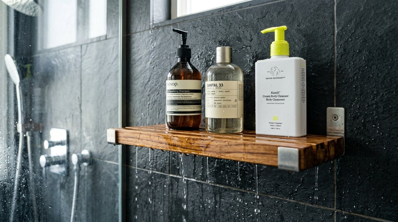 Three skincare bottles sitting on a wet wooden shelf mounted to dark slate shower tiles.