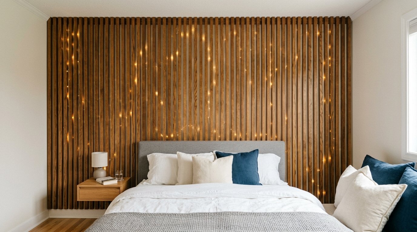 A bed placed against a warm wooden wall accent with embedded string lights and a floating bedside table.