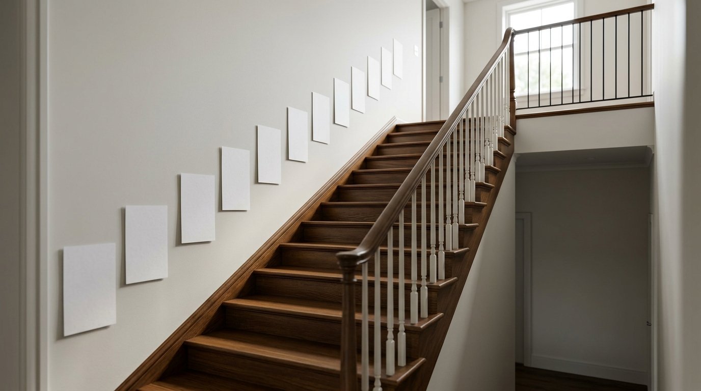 A dark wood staircase with a white railing and empty rectangular frames mounted on the wall ascending upwards.