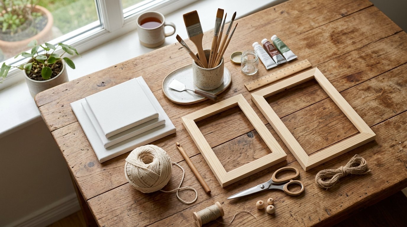 Art workspace featuring empty wooden frames, white canvases, paintbrushes, and crafting tools on a rustic desk.