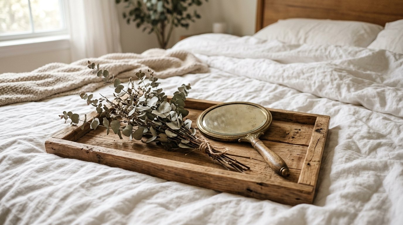 A decorative wooden tray on a white bedspread featuring a bouquet of dried eucalyptus stems and a round hand mirror.
