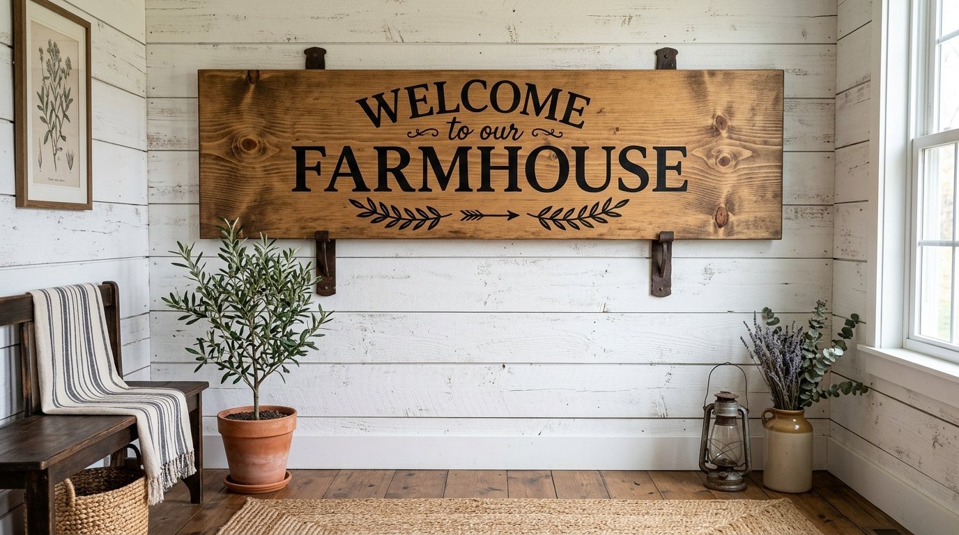 Large horizontal wooden sign reading Welcome to our Farmhouse mounted on white shiplap walls in an entryway.