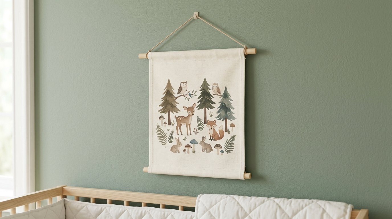 Canvas wall hanging featuring a watercolor forest scene with a deer, fox, rabbits, and owls in a green nursery.