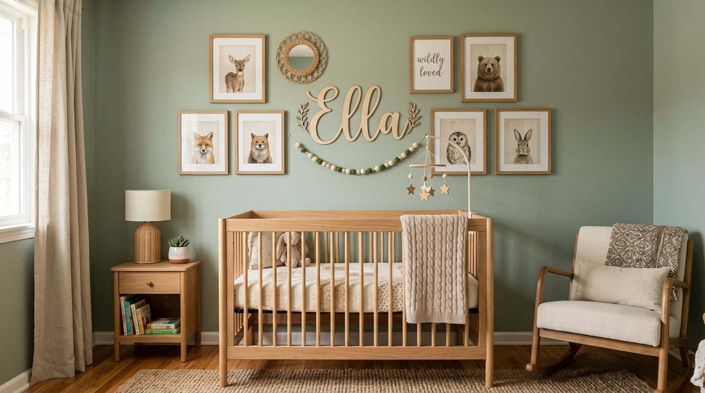 Baby nursery with oak crib, green walls, and framed woodland animal prints hanging above the bed.