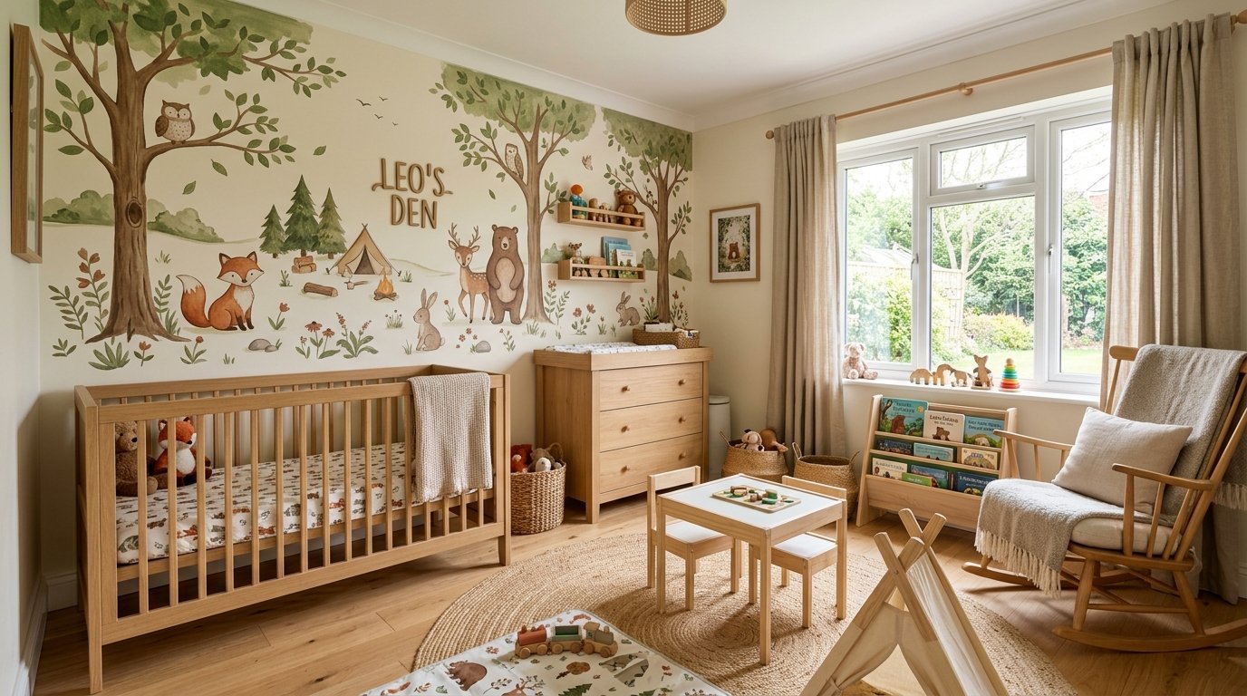 A baby nursery with a wooden crib, changing table, rocking chair, and forest animal wall art.