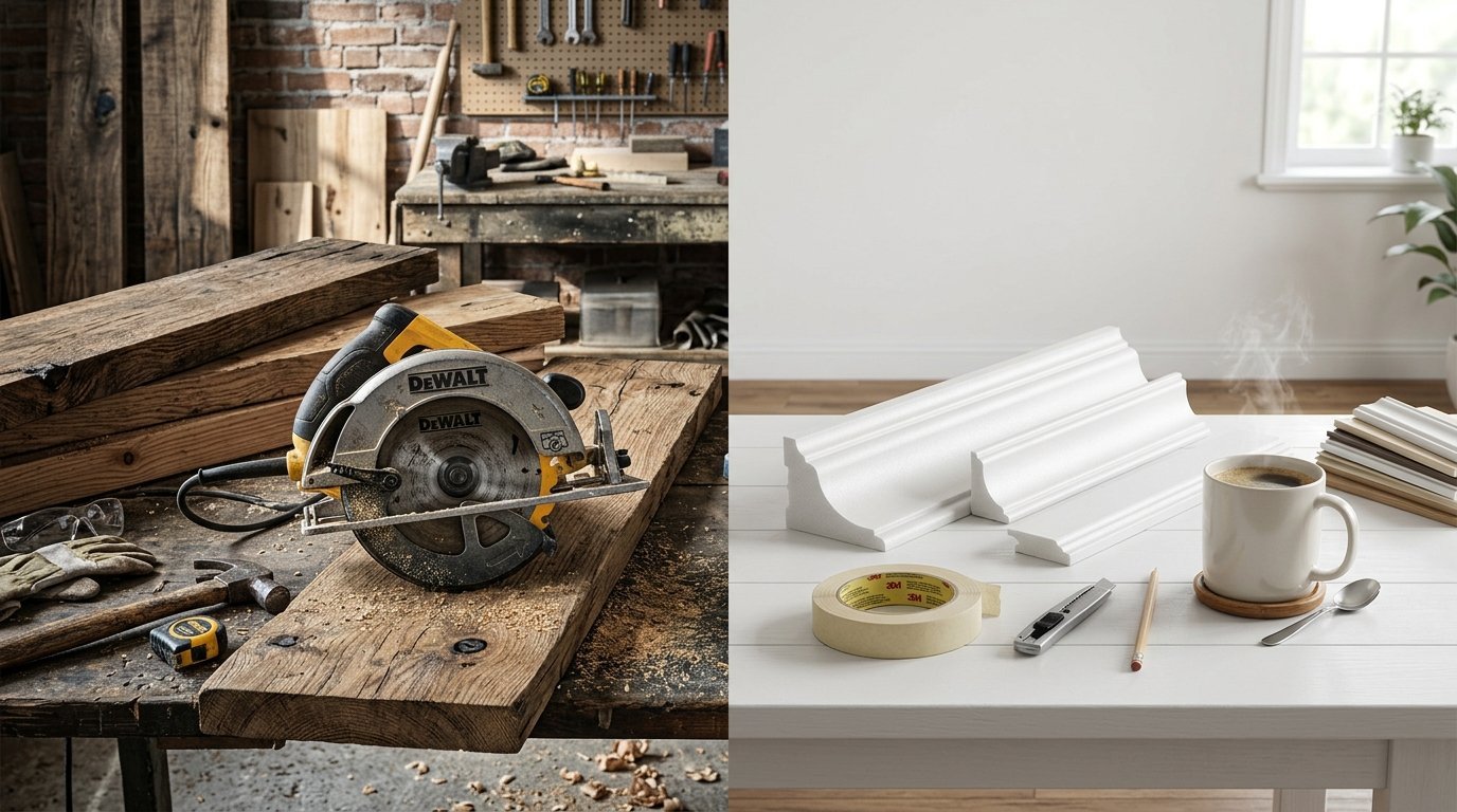 Split view showing a wood workshop with a circular saw and a bright table with white crown molding and coffee.