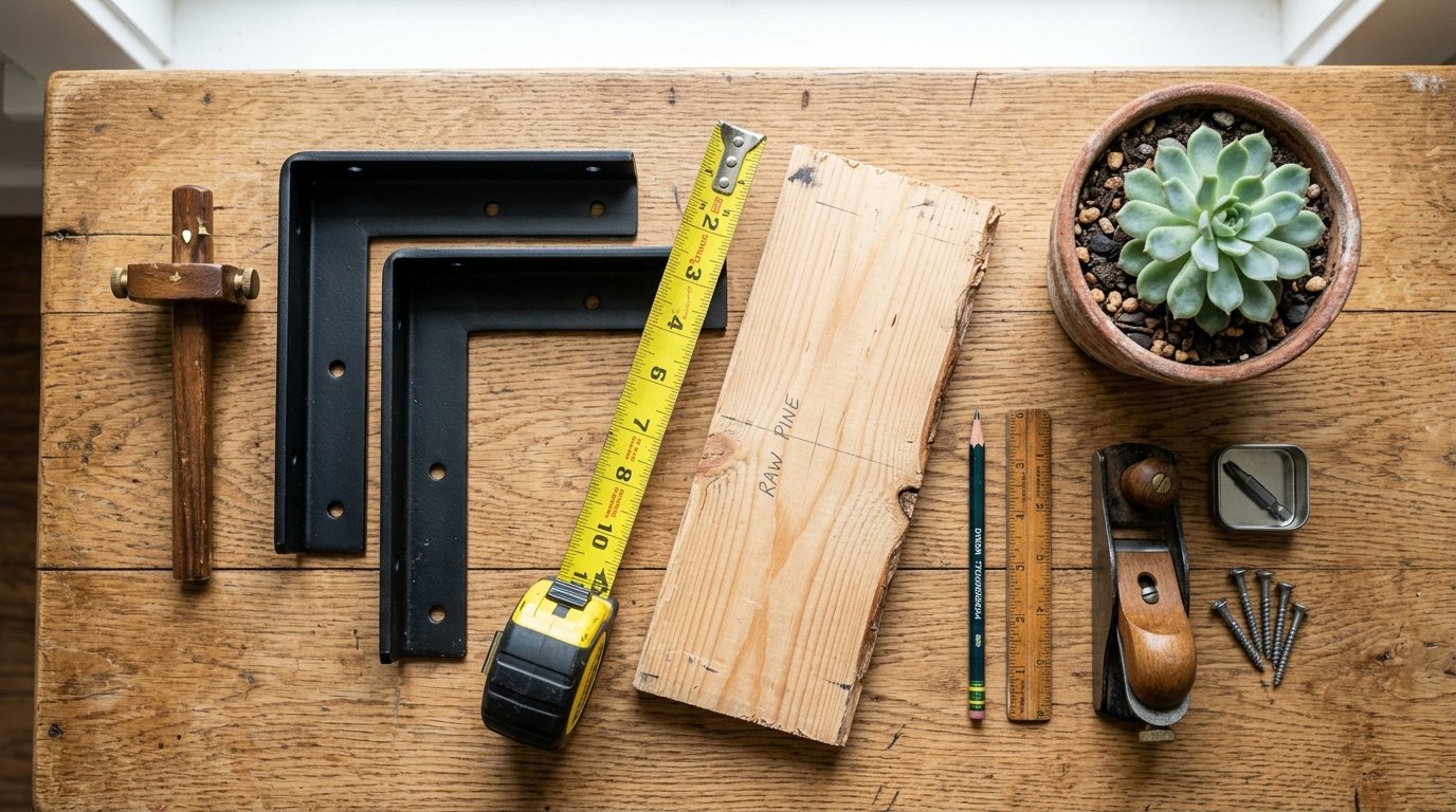 An overhead view of a rustic workbench containing metal L-brackets, measuring tape, pencil, wood block, and hand plane.