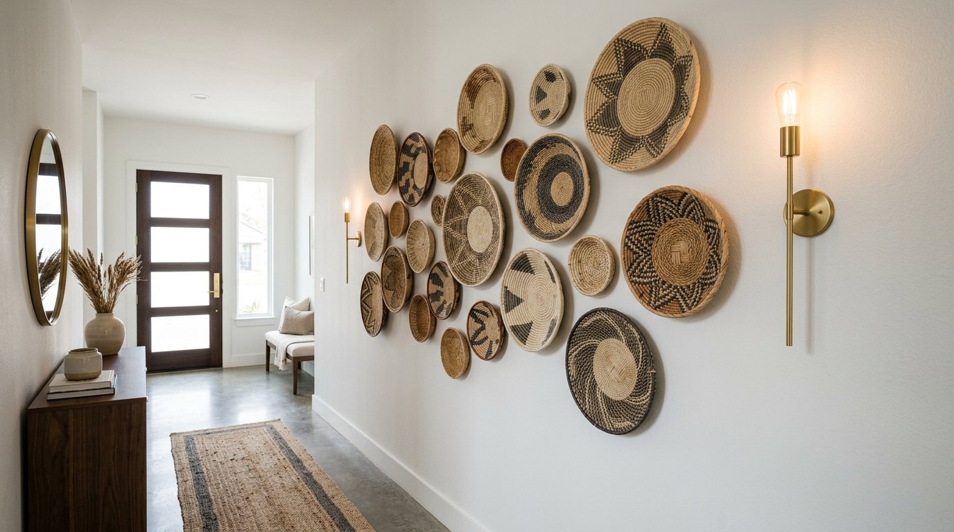 Many round, patterned straw baskets arranged as art on a white hallway wall beside modern gold sconce lights.