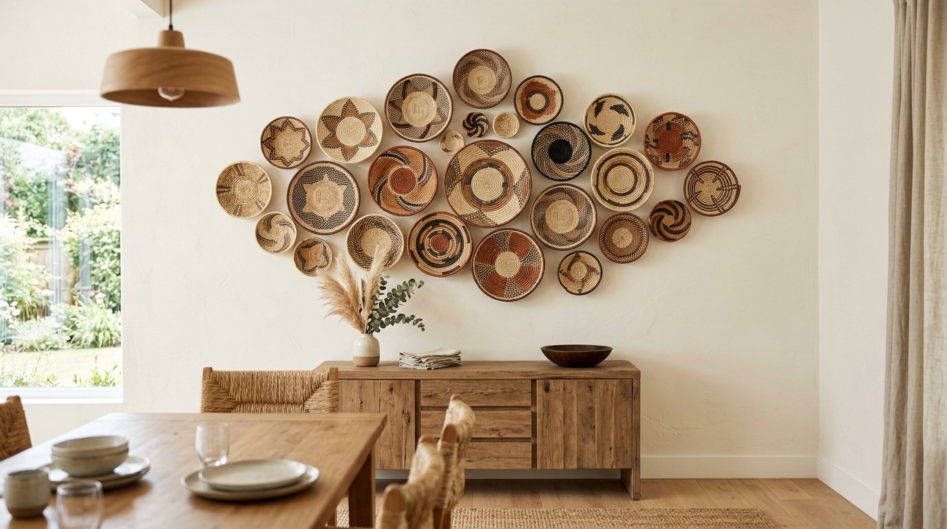 A collection of decorative woven baskets arranged on a cream wall above a wooden console table.
