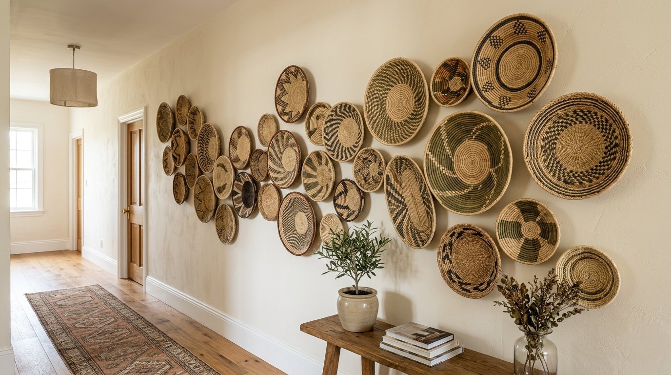 A collection of round patterned baskets hung in a gallery style on a light beige wall above a rustic wooden console table.