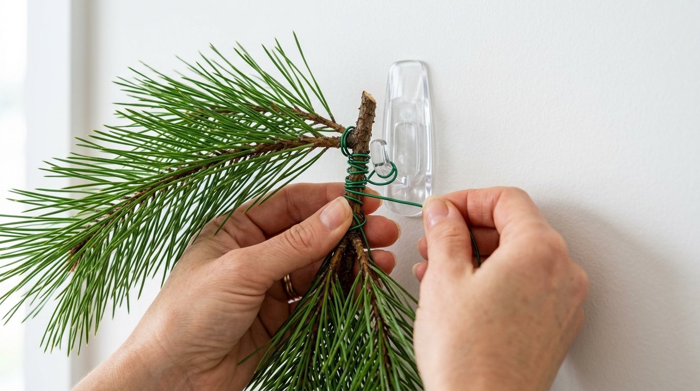 Close up of hands using green wire to attach a pine branch to a clear adhesive wall hook.