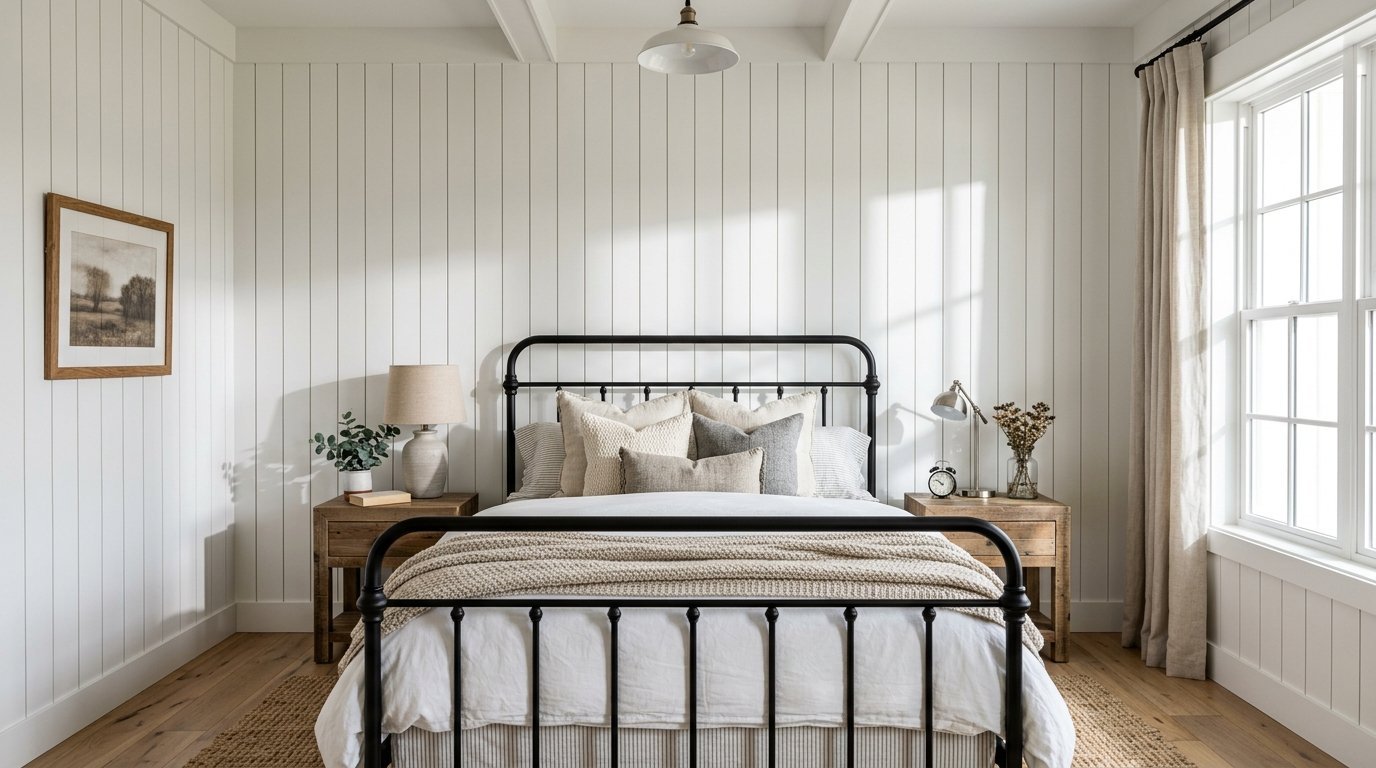 A rustic bedroom with a black metal bed, white shiplap walls, wooden nightstands, and neutral linen bedding.