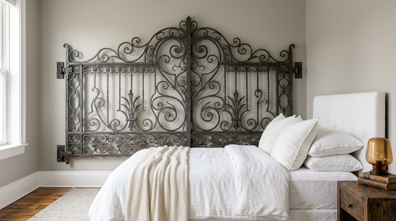 A rustic antique wrought iron gate serves as a decorative headboard behind a white bed with linen pillows.