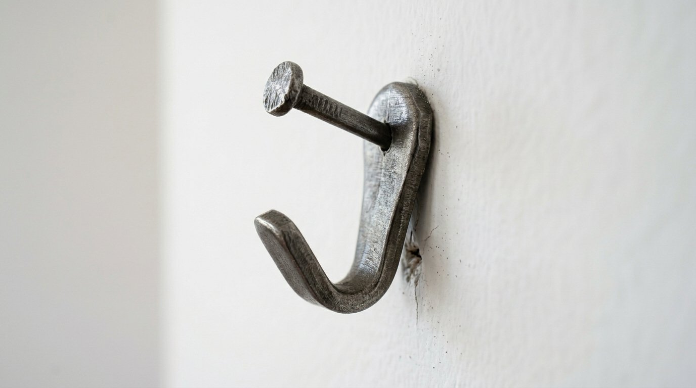 Close-up of a weathered metal J-hook attached to a plaster wall with a single large nail.