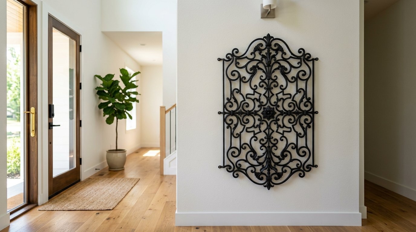 Decorative black metal scrollwork panel hanging on a white wall in a modern house interior.
