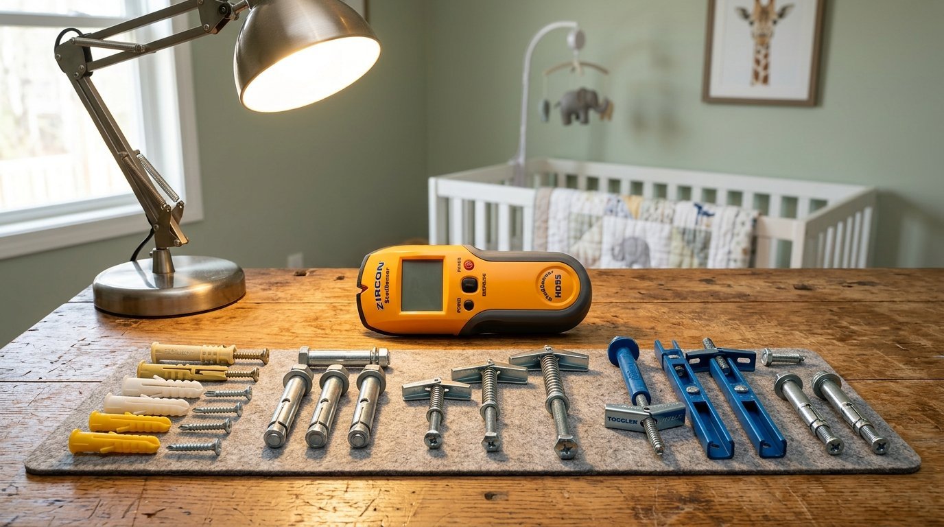 A Zircon stud finder sitting on a wooden table next to a variety of metal wall anchors and plastic inserts.